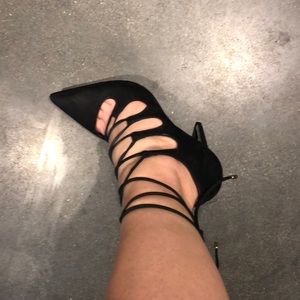 Black lace up pointy toe heels